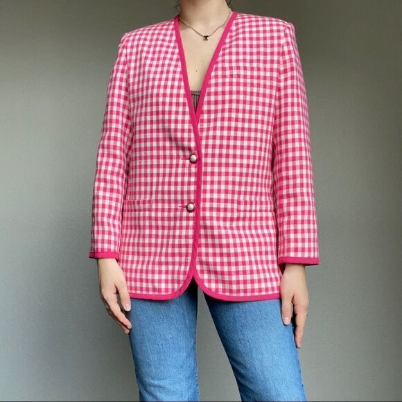 Vintage 80s Pink White Cotton Checkered Preppy Plaid Oversized Blazer Sz M - Picture 3 of 12